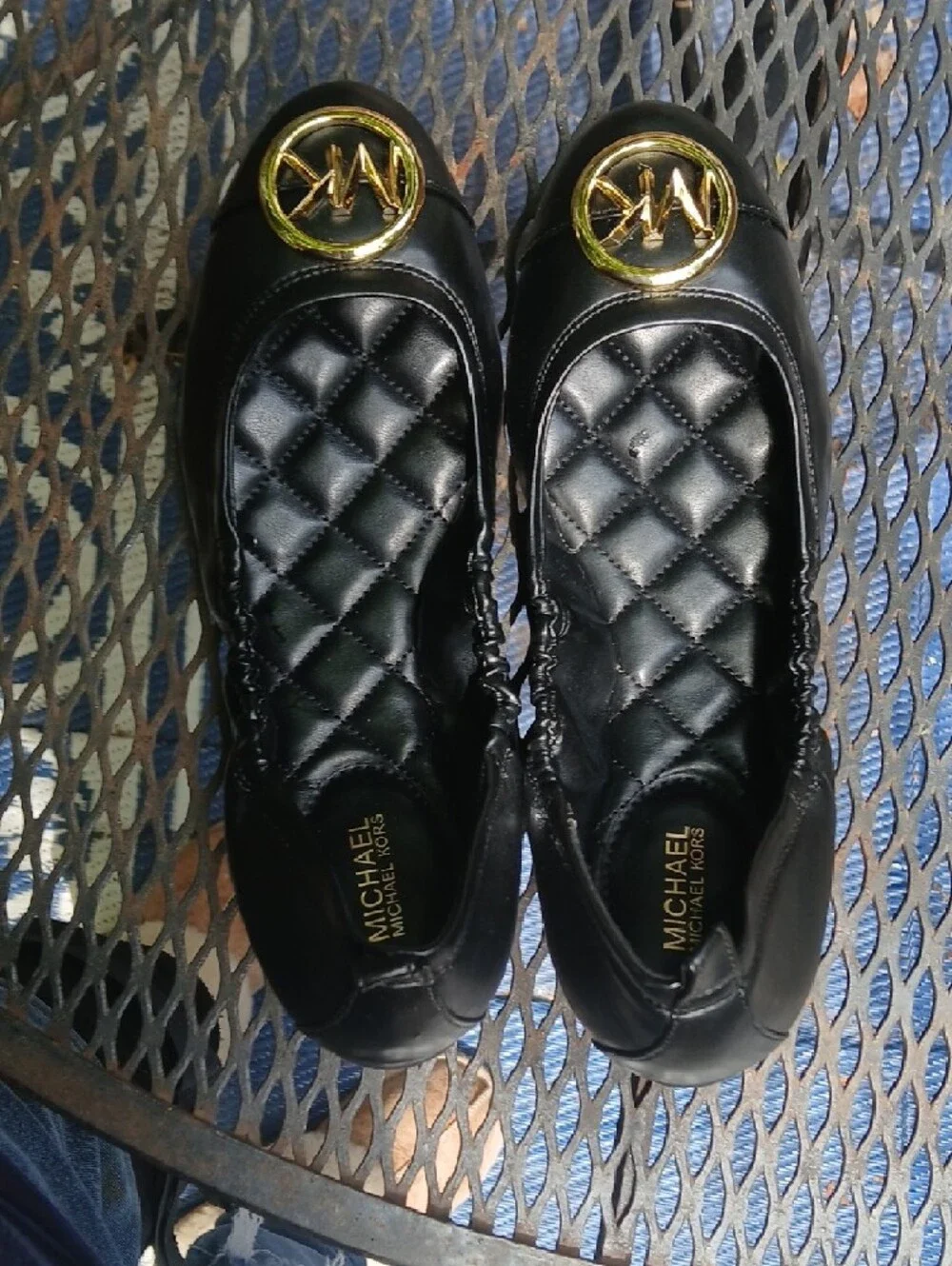 Michael Kors‎ Black,vegan Leather Ballet Flats with Gold MK Medallions,sz7.5